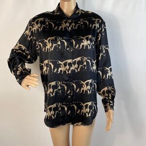 Ann May 100% silk bear print long sleeve blouse top size S